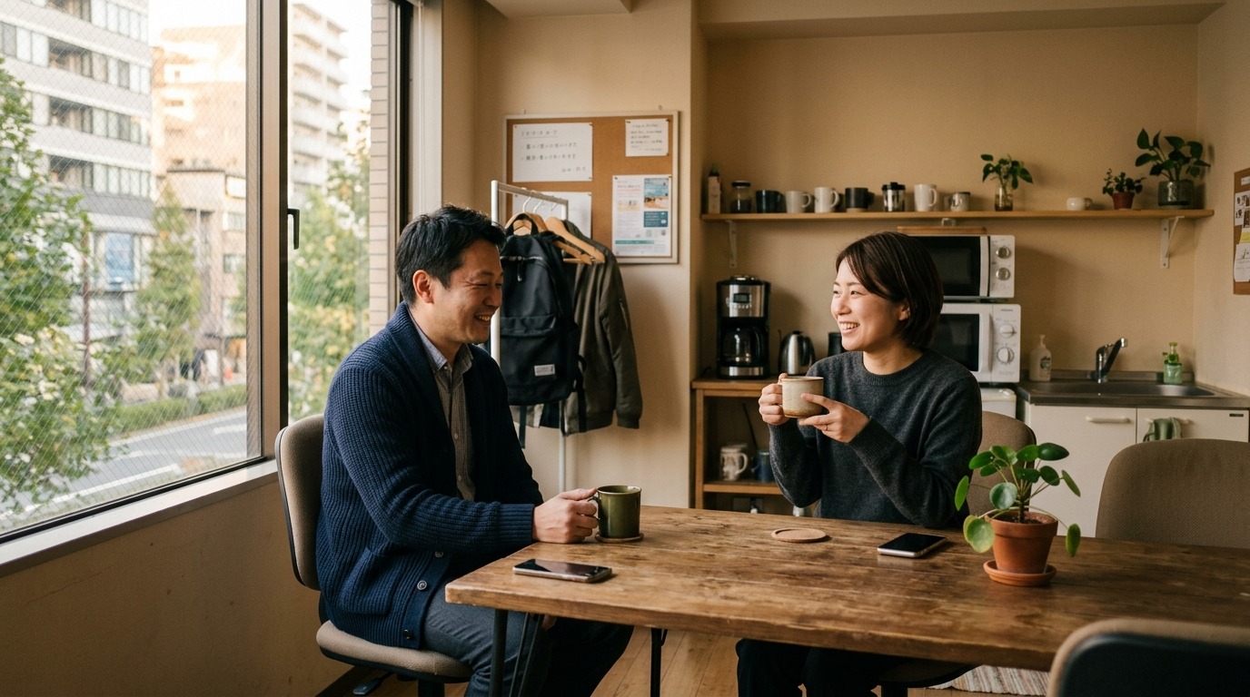 日本の中小企業の休憩スペースで2人がマグカップを手に落ち着いて話している様子