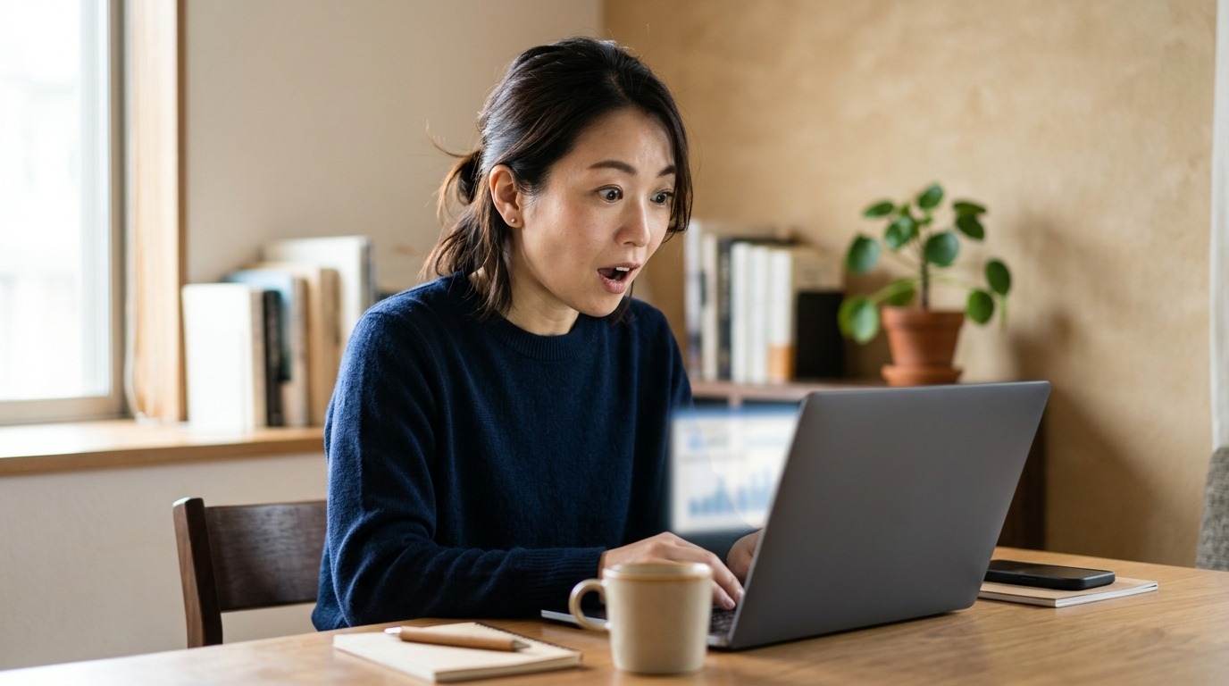 ノートパソコンの画面で結果を確認して表情を変えている日本人女性